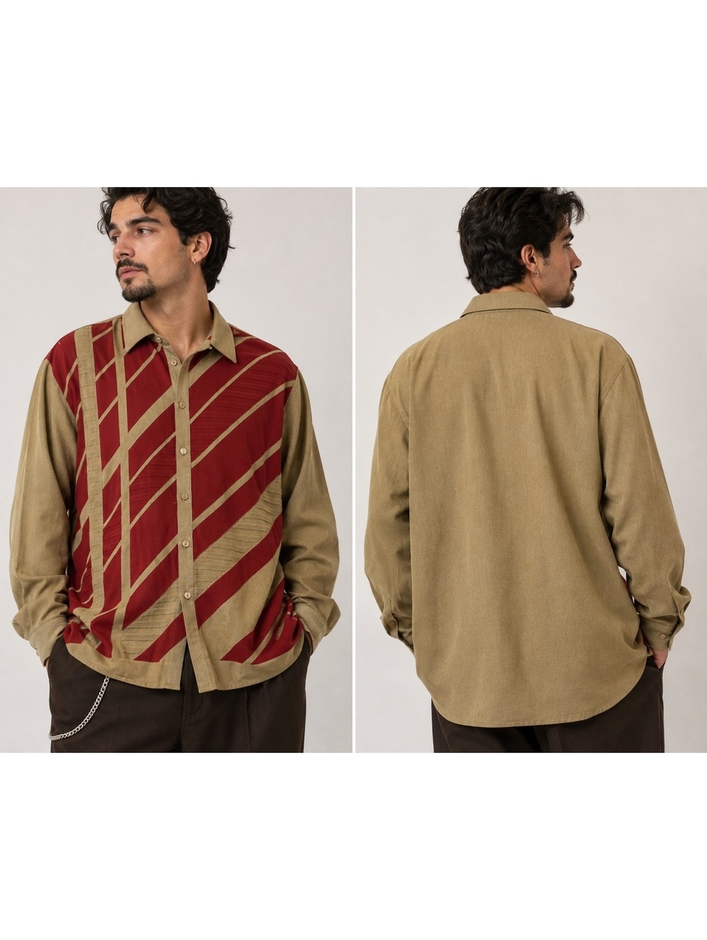 Silversilk Signature 2X Y2K Geometric Shirt Red Tan Button Front Retro